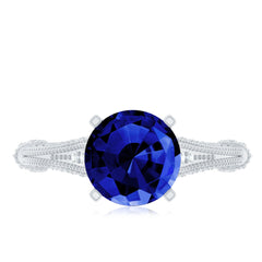 Vintage Style 2.7 Carat Lab Grown Blue Sapphire Engagement Ring with Diamond