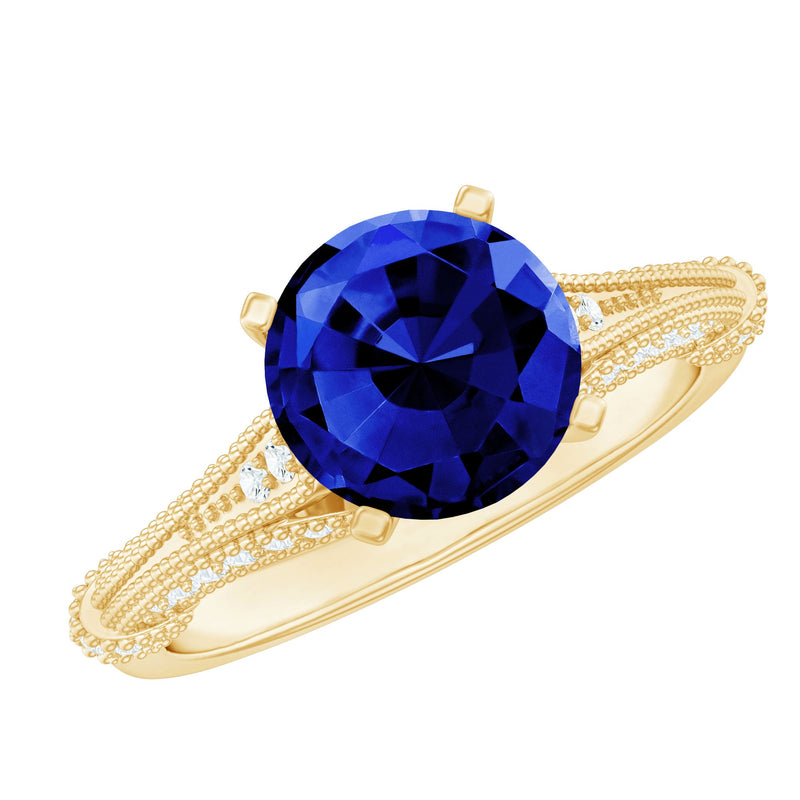 Vintage Style 2.7 Carat Lab Grown Blue Sapphire Engagement Ring with Diamond