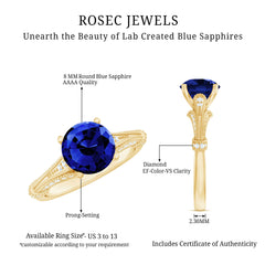 Vintage Style 2.7 Carat Lab Grown Blue Sapphire Engagement Ring with Diamond