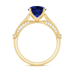 Vintage Style 2.7 Carat Lab Grown Blue Sapphire Engagement Ring with Diamond