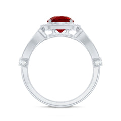 Antique Looking Lab Grown Ruby Engagement Ring with Diamond Halo