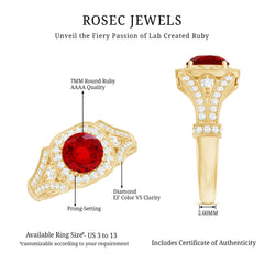Antique Looking Lab Grown Ruby Engagement Ring with Diamond Halo