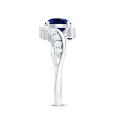 Certified 2.7 Carat Lab Grown Blue Sapphire Engagement Ring with Diamond Bypass Shank