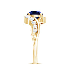 Certified 2.7 Carat Lab Grown Blue Sapphire Engagement Ring with Diamond Bypass Shank