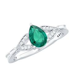 Pear Shape Lab Grown Emerald Teardrop Engagement Ring With Diamond