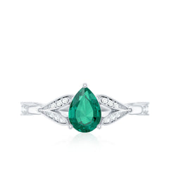 Pear Shape Lab Grown Emerald Teardrop Engagement Ring With Diamond