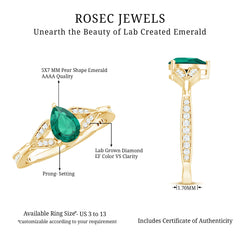 Pear Shape Lab Grown Emerald Teardrop Engagement Ring With Diamond