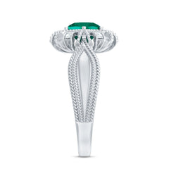 Lab Grown Emerald Vintage Style Flower Engagement Ring With Diamond