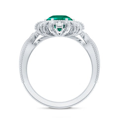 Lab Grown Emerald Vintage Style Flower Engagement Ring With Diamond