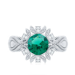 Lab Grown Emerald Vintage Style Flower Engagement Ring With Diamond