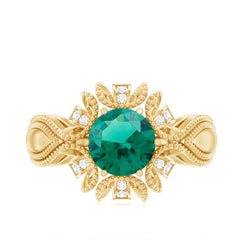 Lab Grown Emerald Vintage Style Flower Engagement Ring With Diamond