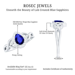 Certified 1.6 Carat Lab Grown Blue Sapphire Diamond Teardrop Engagement Ring with Crossover Shank