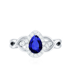 Certified 1.6 Carat Lab Grown Blue Sapphire Diamond Teardrop Engagement Ring with Crossover Shank