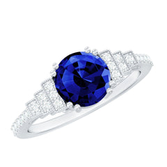 Vintage Style 2.7 Carat Lab Grown Blue Sapphire Engagement Ring with Diamond Side Stone