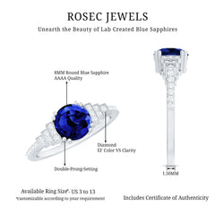 Vintage Style 2.7 Carat Lab Grown Blue Sapphire Engagement Ring with Diamond Side Stone