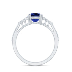Vintage Style 2.7 Carat Lab Grown Blue Sapphire Engagement Ring with Diamond Side Stone