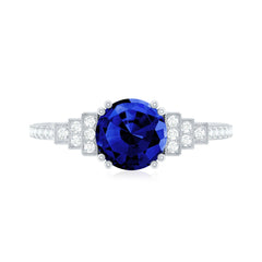 Vintage Style 2.7 Carat Lab Grown Blue Sapphire Engagement Ring with Diamond Side Stone