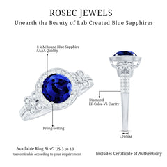 Certified 2.7 Carat Lab Grown Blue Sapphire Halo Engagement Ring with Diamond Flower