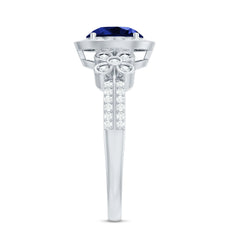 Certified 2.7 Carat Lab Grown Blue Sapphire Halo Engagement Ring with Diamond Flower