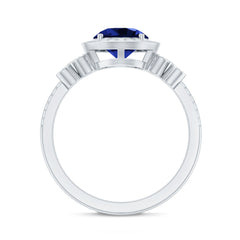 Certified 2.7 Carat Lab Grown Blue Sapphire Halo Engagement Ring with Diamond Flower