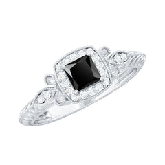 Lab Grown Black Diamond Art Deco Promise Ring With Diamond Halo