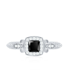 Lab Grown Black Diamond Art Deco Promise Ring With Diamond Halo