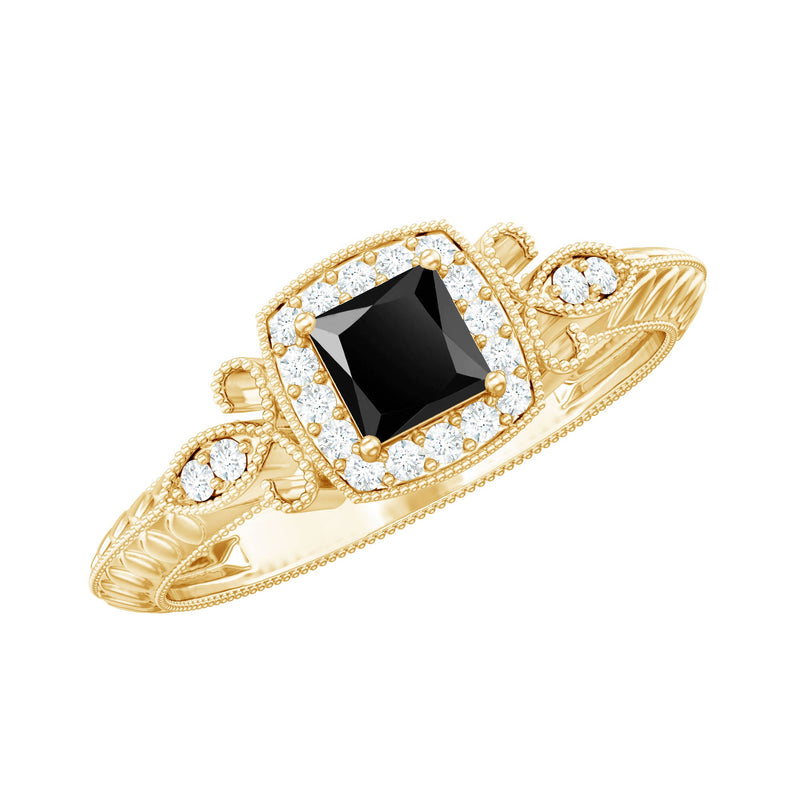 Lab Grown Black Diamond Art Deco Promise Ring With Diamond Halo