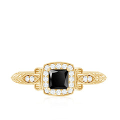 Lab Grown Black Diamond Art Deco Promise Ring With Diamond Halo