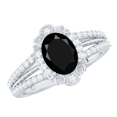 Lab Grown Black Diamond Vintage Inspired Engagement Ring with Diamond