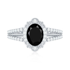 Lab Grown Black Diamond Vintage Inspired Engagement Ring with Diamond