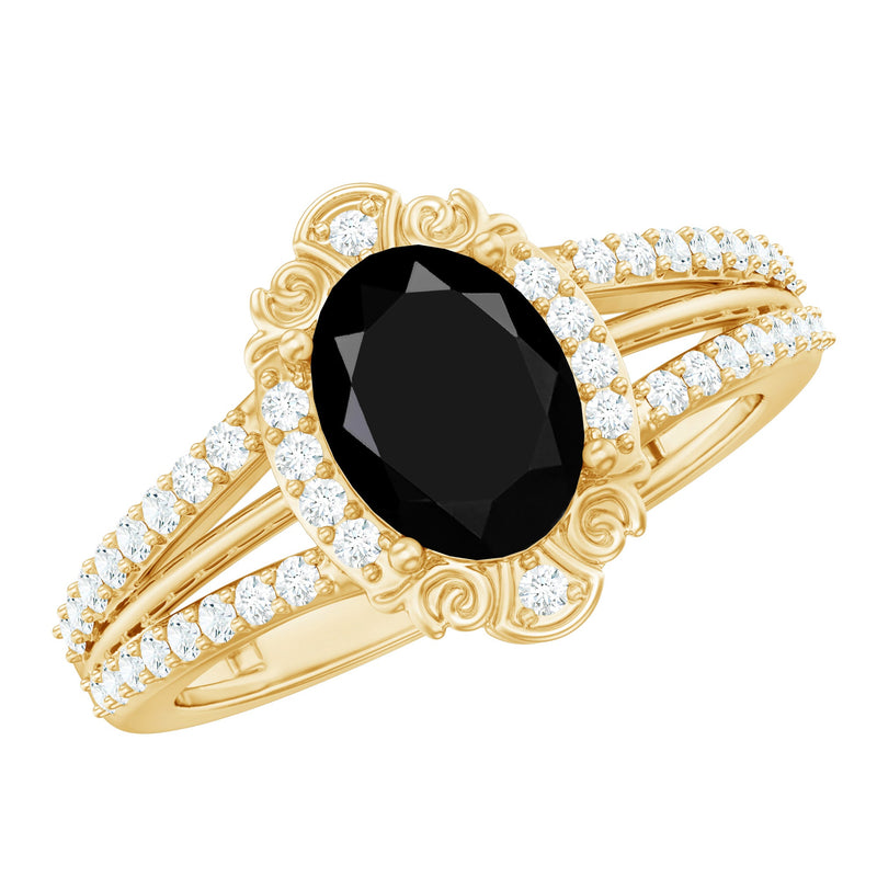Lab Grown Black Diamond Vintage Inspired Engagement Ring with Diamond