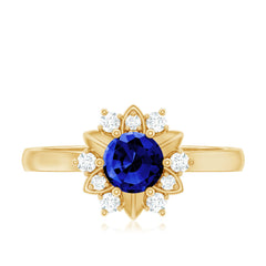 Certified 0.6 Carat Lab Grown Blue Sapphire Flower Engagement Ring with Diamond