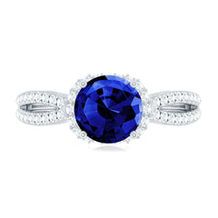 Certified 2.7 Carat Lab Grown Blue Sapphire Engagement Ring with Diamond for Women