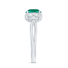 Certified Lab Grown Emerald Trio Engagement Ring with Diamond