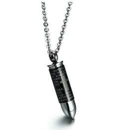 Black Bullet Cremation Urn Necklace Engraved With A Cross & The Lord's Prayer