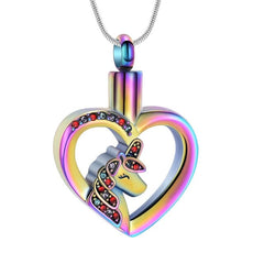 Unicorn Heart Cremation Urn Necklace with Rhinestones