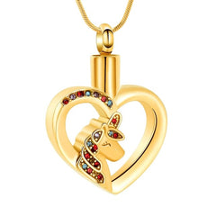 Unicorn Heart Cremation Urn Necklace with Rhinestones