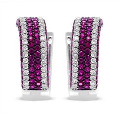 18K White Gold 1 7/8 Cttw Diamond and 1mm Round Red Ruby Open Swish Hoop Earrings (F-G Color, VS1-VS2 Clarity)