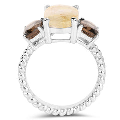 5.75 Carat Genuine Golden Rutile & Smoky Quartz .925 Sterling Silver Ring