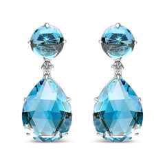 18K White Gold 1/5 Cttw Diamond with Round London Blue Topaz and 20 x 15mm Pear Cut Sky Blue Topaz Gemstone Dangle Earring (G-H Color, SI1-SI2 Clarity)