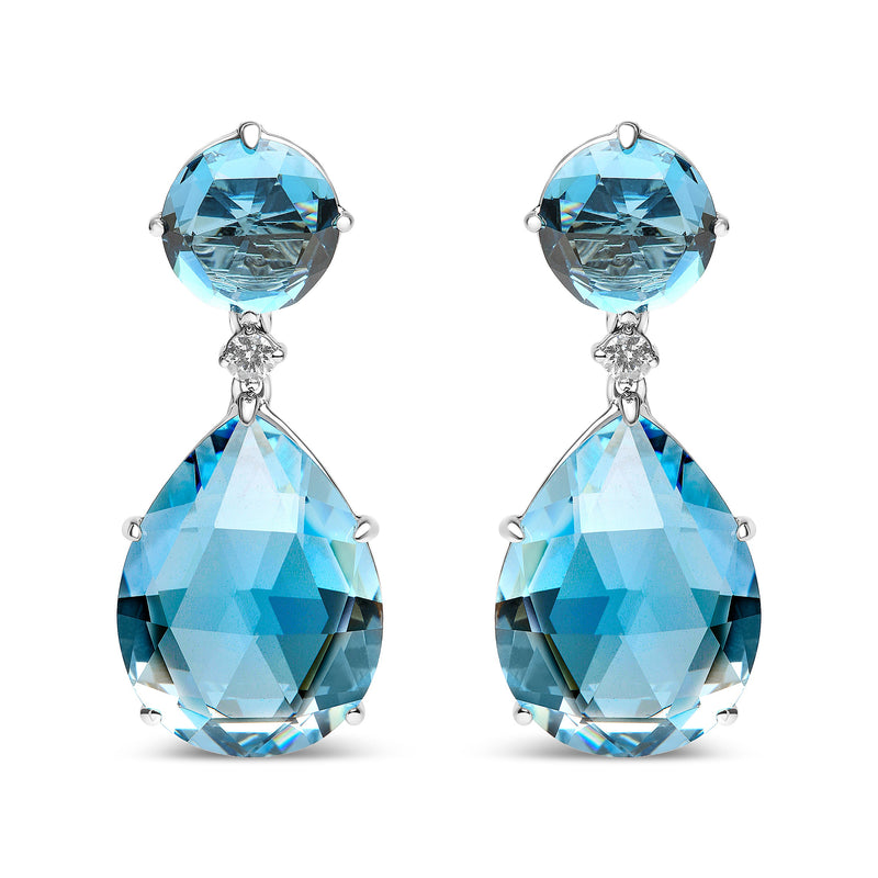 18K White Gold 1/5 Cttw Diamond with Round London Blue Topaz and 20 x 15mm Pear Cut Sky Blue Topaz Gemstone Dangle Earring (G-H Color, SI1-SI2 Clarity)