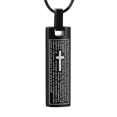 Silver Cremation Urn Necklace Etched With The Lord's Prayer & Cross