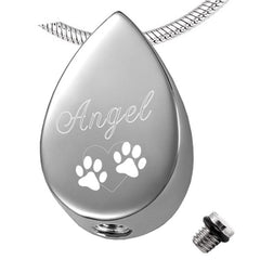 "Angel" Engraved Teardrop Pet Cremation Urn Necklace With Paws