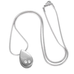 "Angel" Engraved Teardrop Pet Cremation Urn Necklace With Paws