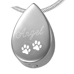 "Angel" Engraved Teardrop Pet Cremation Urn Necklace With Paws
