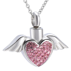 Angel Wings and Rhinestones Heart Cremation Urn Necklace