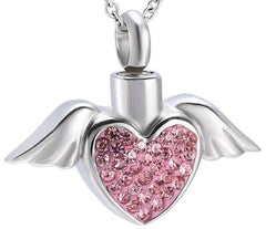 Angel Wings and Rhinestones Heart Cremation Urn Necklace
