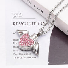 Angel Wings and Rhinestones Heart Cremation Urn Necklace