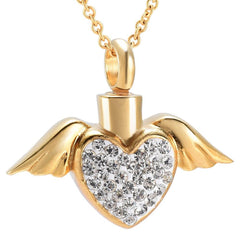 Angel Wings and Rhinestones Heart Cremation Urn Necklace