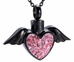 Angel Wings and Rhinestones Heart Cremation Urn Necklace